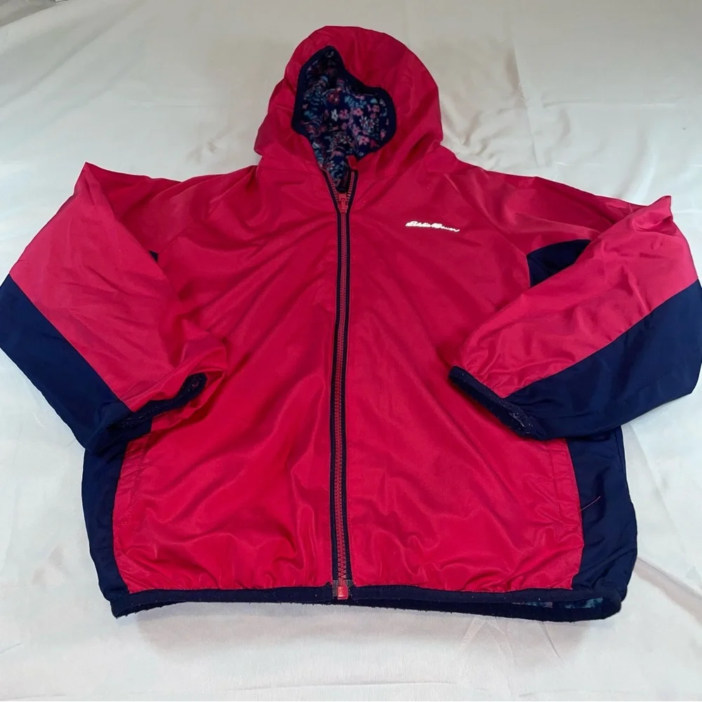Eddie Bauer Kids Pink Navy Floral Fleece Lined Hooded‎ Jacket M 10/12